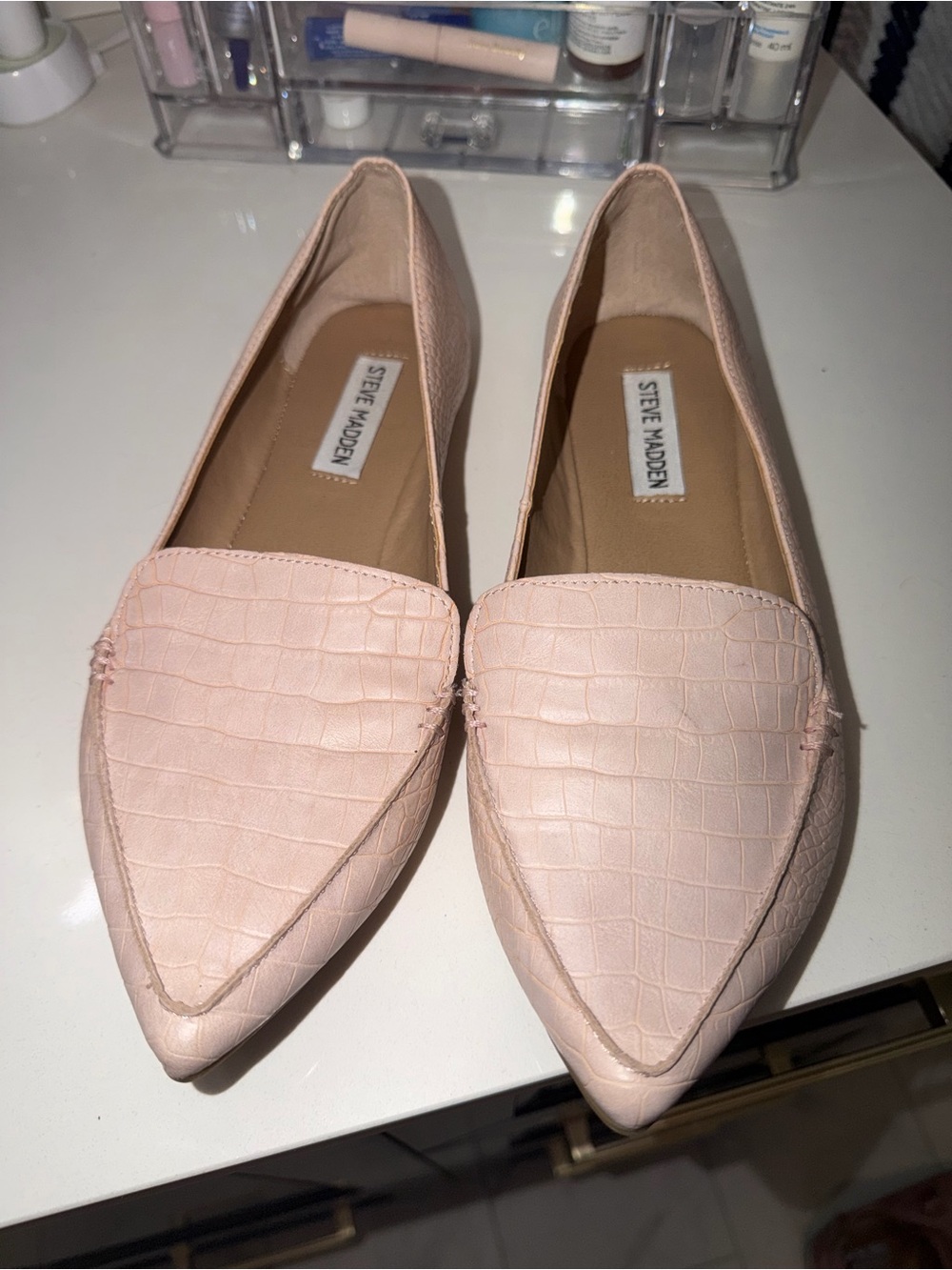 Steve Madden Croc-Embossed Pointed Loafers in Light Pink